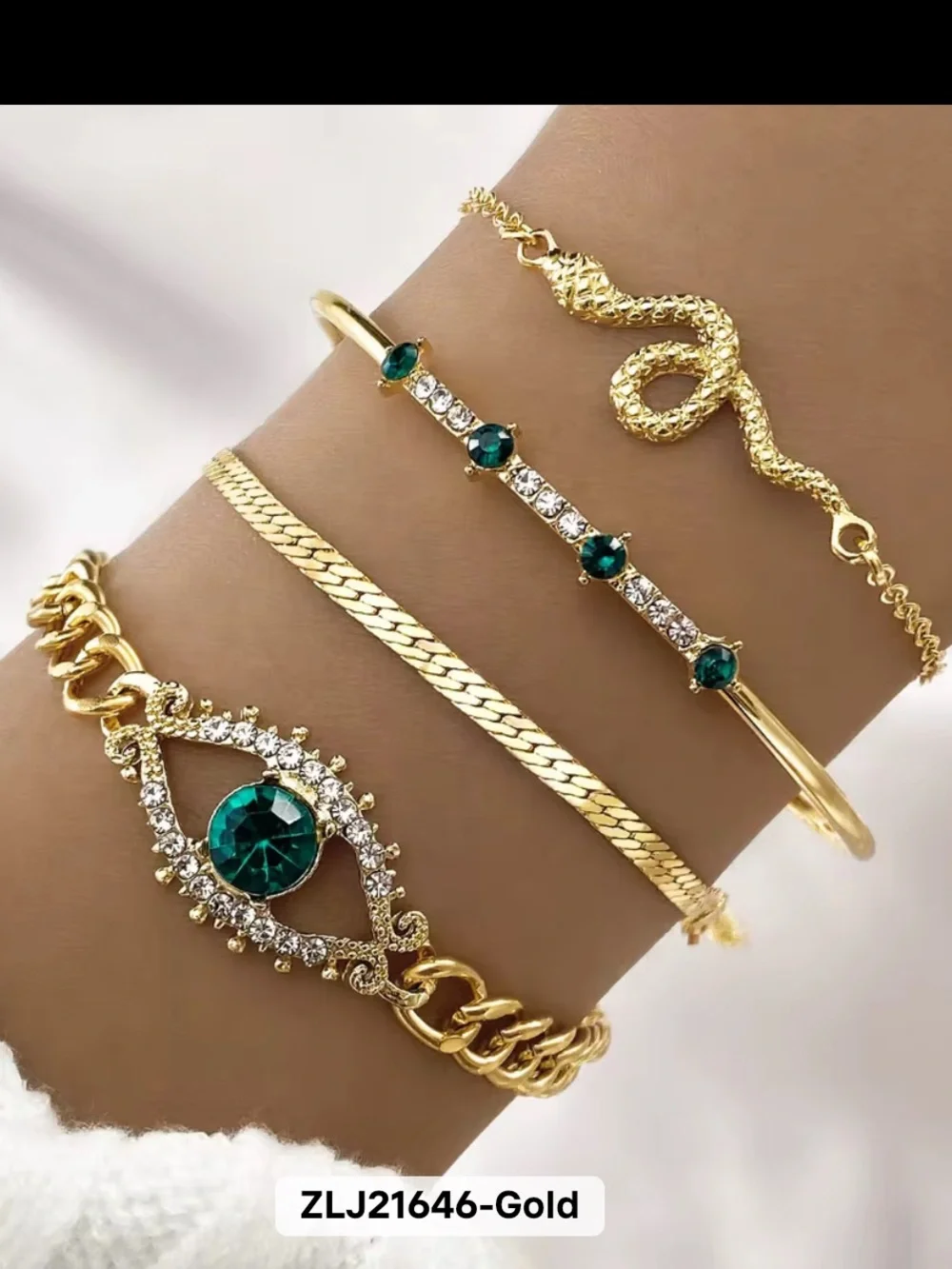 Gold Bracelet Stack with Emerald Green Stones - ZLJ21646